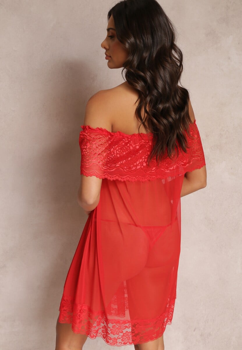 Czerwona Koronkowa Koszula Nocna z Majtkami Typu Stringi Aubina