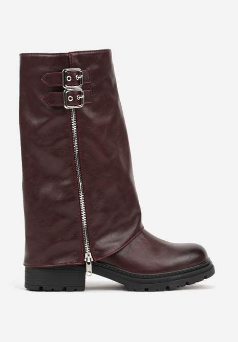 Bordowe Botki z Wywiniętą Cholewką Zdobioną Suwakiem i Sprzączkami Eevea