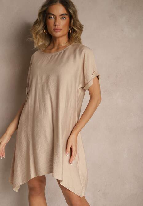 Beżowa Sukienka o Pudełkowym Kroju z Dłuższymi Bokami Redenise