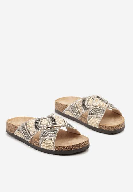 Beżowe Klapki Ozdobione Perlami i Koralikami na Korkowej Podeszwie Flonia