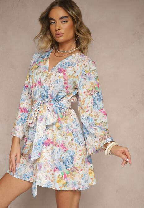 Jasnoniebieski Kopertowy Kombinezon z Wiązanym Paskiem i Rozszerzanymi Rękawami Telurea