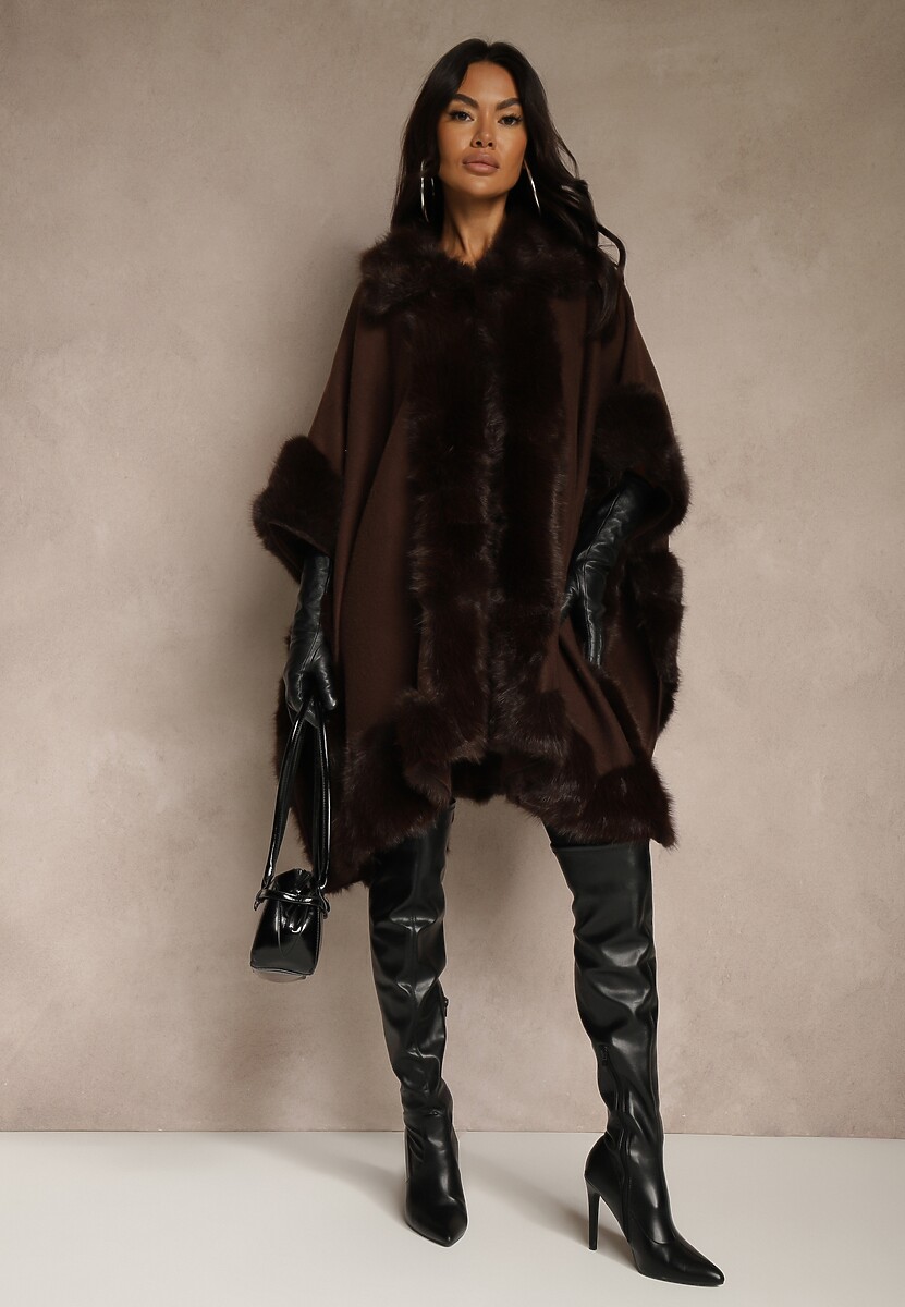 Jasnobrązowe Ponczo z Wiskozą Wełną i Futerkiem Mevicia