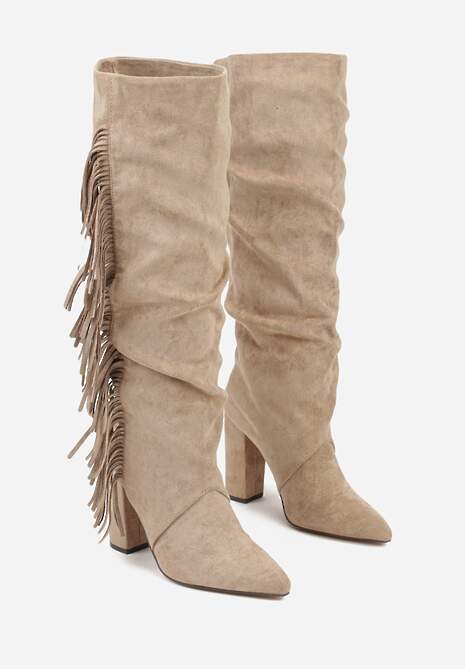 Ciemnobeżowe Kozaki Kowbojki na Słupku z Frędzlami na Cholewce Badina