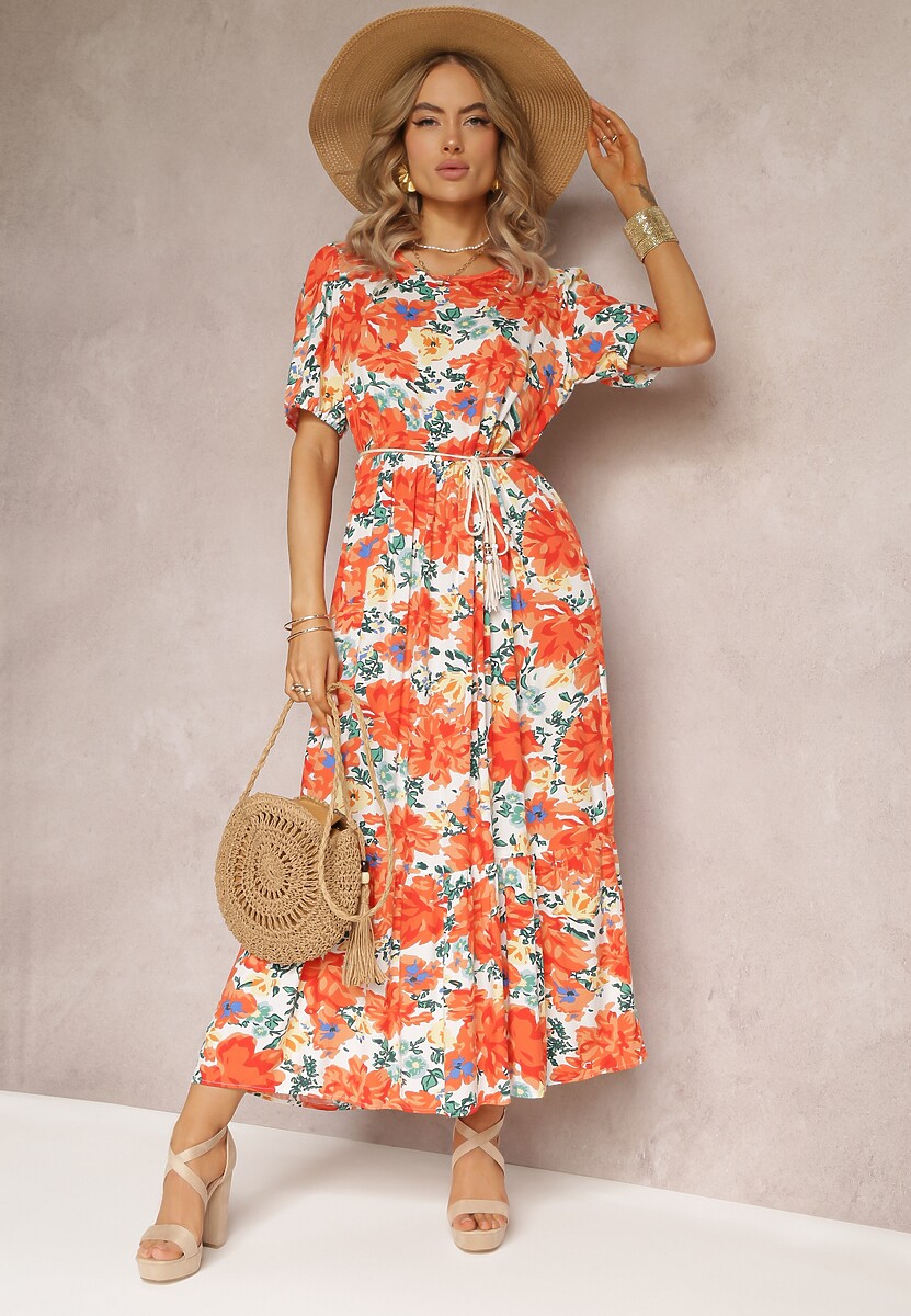 Pomarańczowa Rozkloszowana Sukienka Pudełkowa z Wiskozy Jubnon