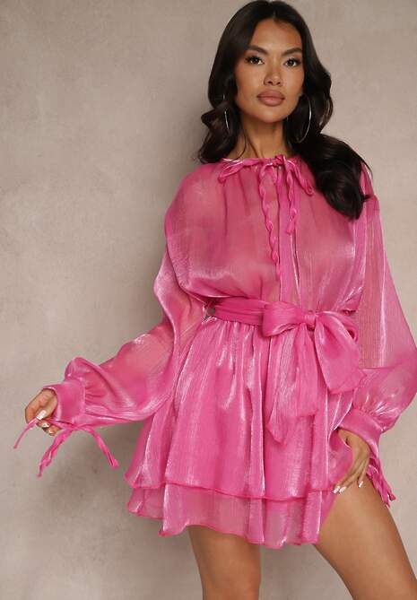 Fuksjowa Rozkloszowana Sukienka z Paskiem i Wiązaniem Savare