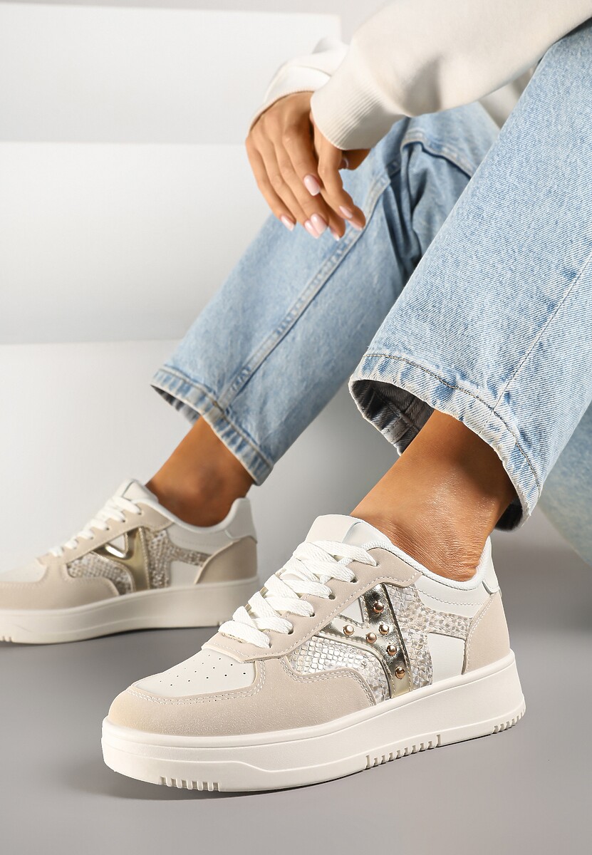 Czarno-Beżowe Sneakersy Zdobione Metaliczną Aplikacją i Imitacją Skóry Węża Sarivane