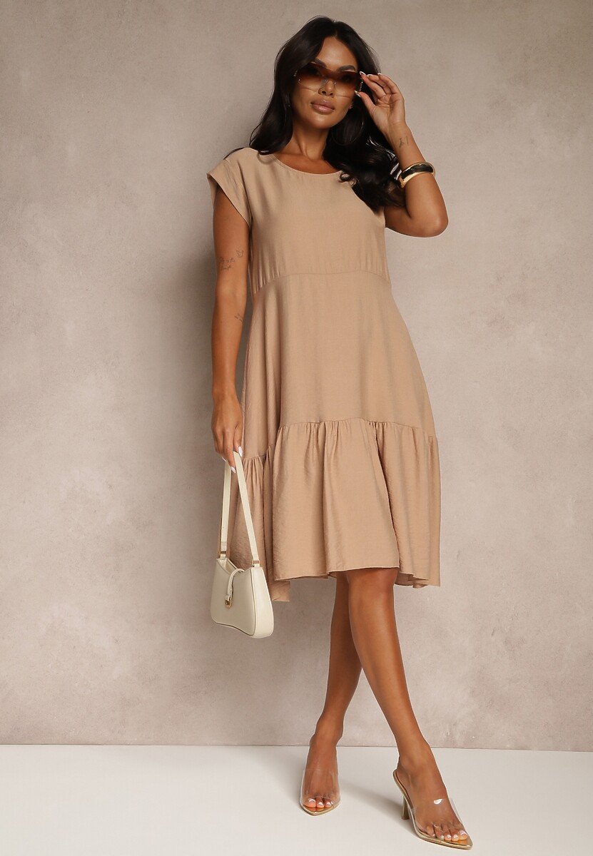 Jasnobrązowa Rozkloszowana Sukienka z Wiskozy Linurea