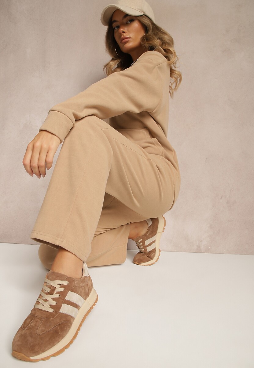 Ciemnobeżowy Bawełniany Komplet Dresowy z Ociepleniem Spodnie i Bluza z Suwakiem Mistilia