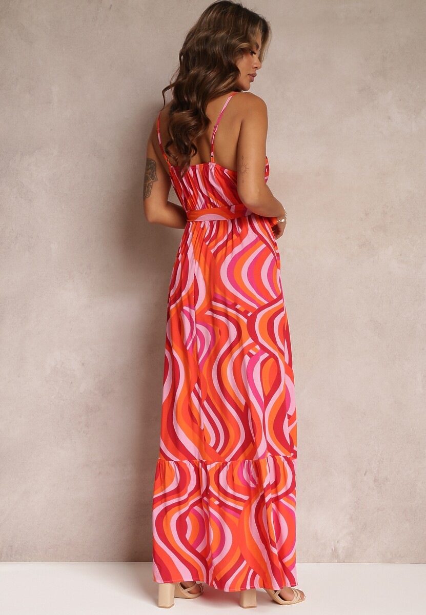 Pomarańczowa Rozkloszowana Sukienka Maxi z Wiskozy z Gumką w Pasie i Kopertowym Dekoltem Mailen