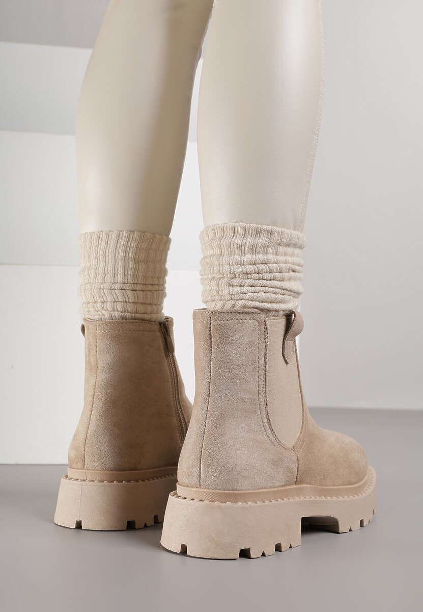 Beżowe Botki Sztyblety na Grubej Podeszwie Liraelia