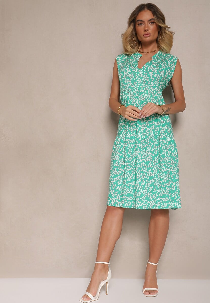 Zielona Sukienka z Bawełny o Rozkloszowanym Kroju z Roślinnym Motywem Nollio