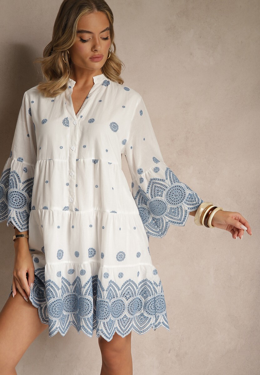 Biała Pudełkowa Sukienka z Bawełny Ozdobiona Ornamentnym Wzorem Rallanea