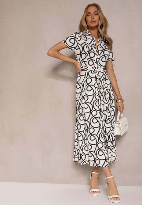 Czarno-Biała Sukienka z Wiskozą o Koszulowym Kroju z Geometrycznym Wzorem Saravione