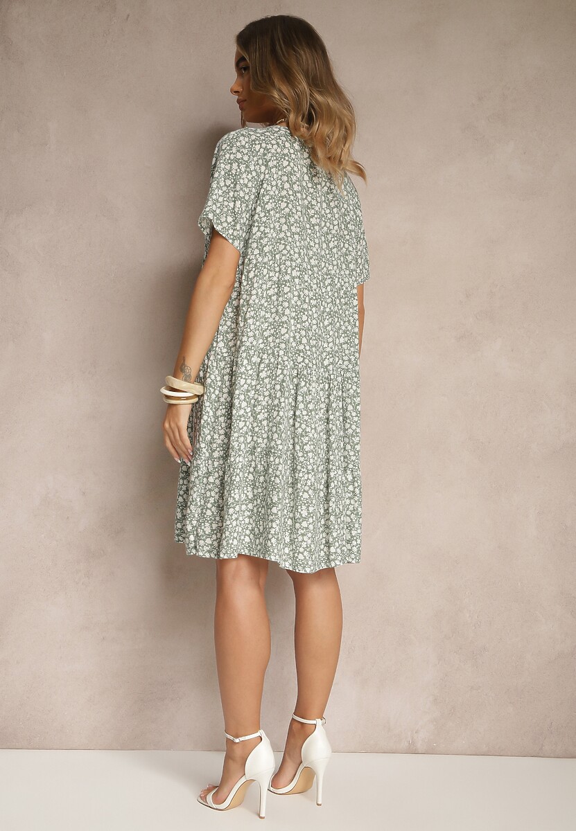 Zielona Rozkloszowana Sukienka z Bawełną w Kwiaty Mevazia