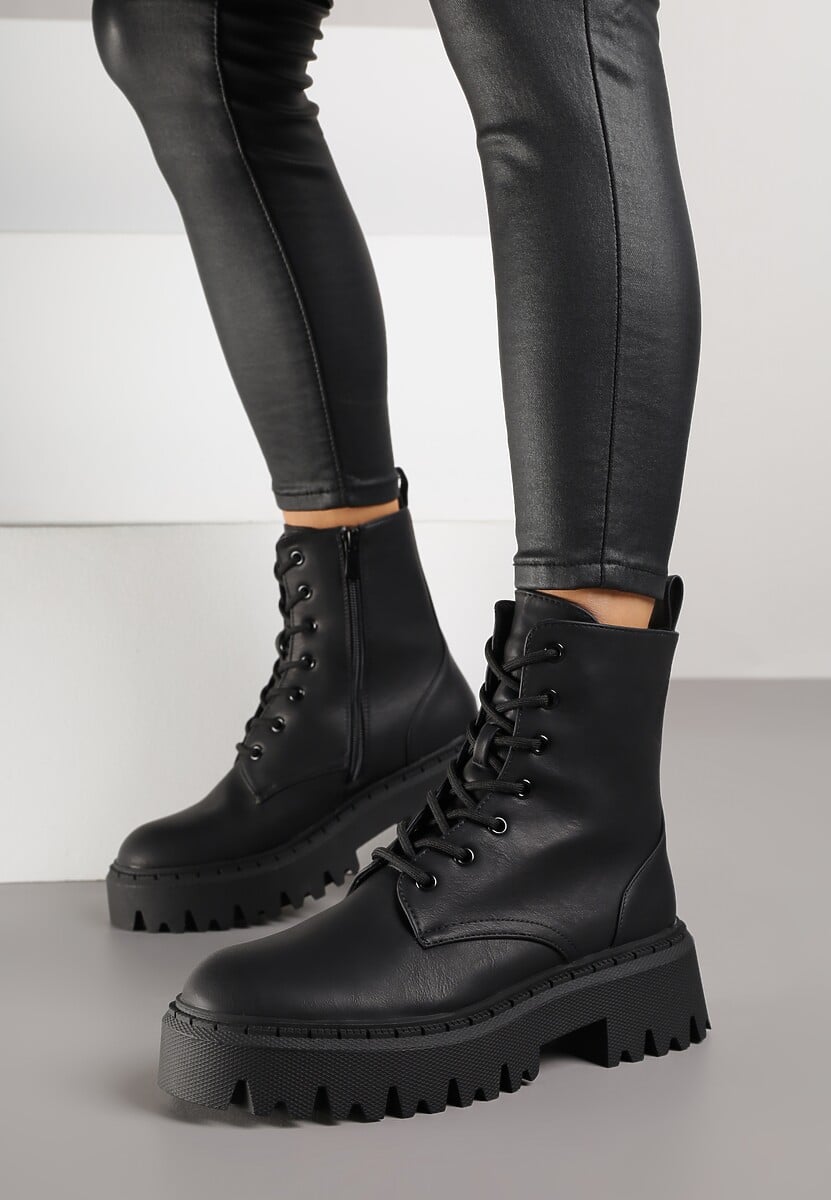 Czarne Sznurowane Botki na Platformie w Stylu Workerów Sairene