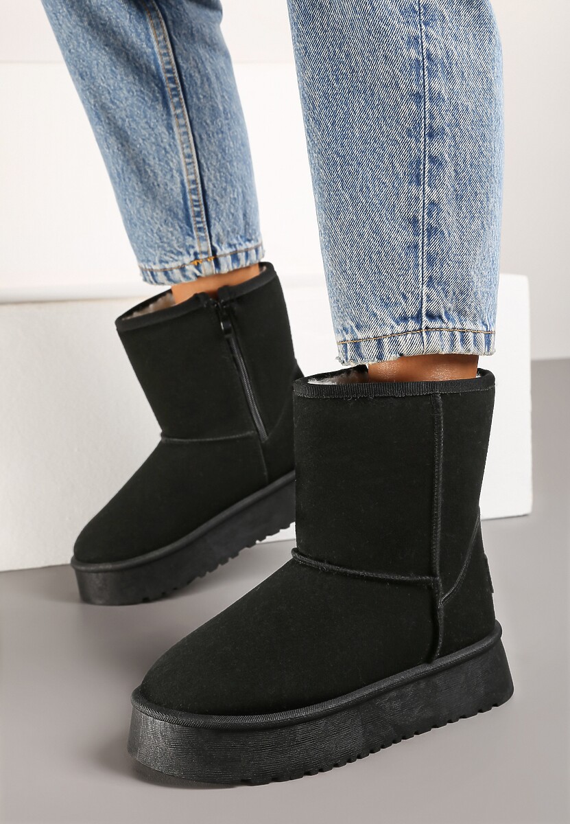 Czarne Śniegowce na Platformie z Ociepleniem Ozdobione Przeszyciami Tamirlin