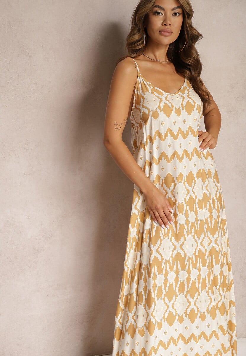 Beżowa Sukienka z Wiskozy na Ramiączkach o Rozkloszowanym Kroju i Geometrycznym Wzorze Xervidia