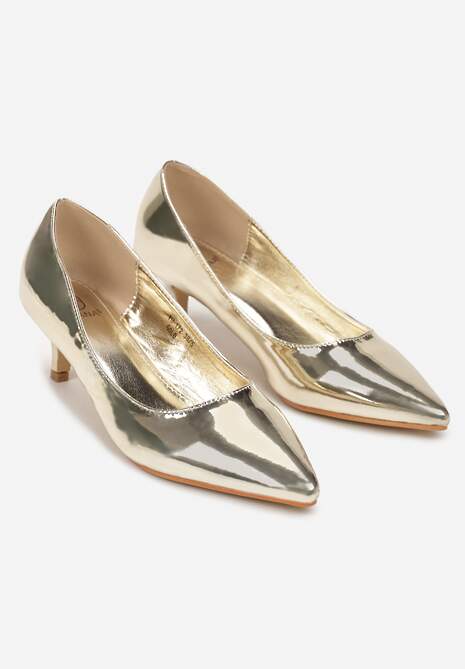 Złote Czółenka na Obcasie Kaczuszka ze Szpiczastym Noskiem Marma