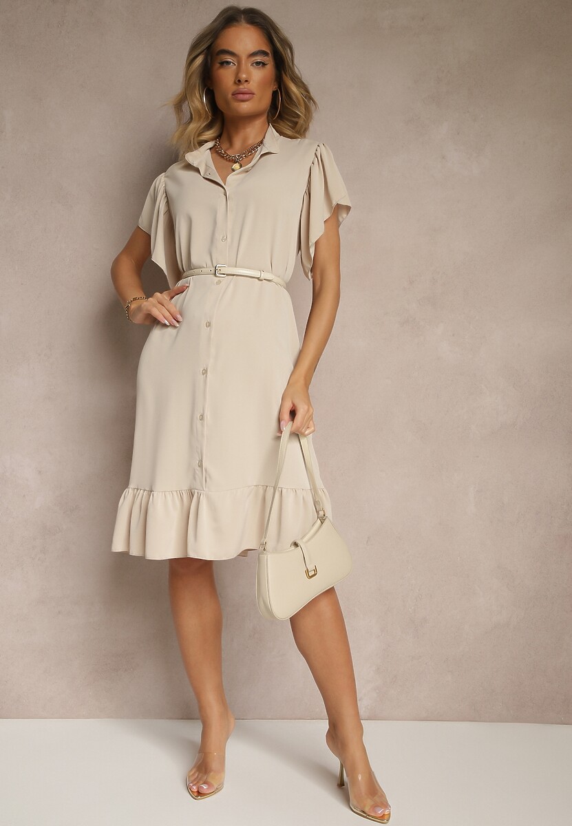 Beżowa Koszulowa Sukienka Ozdobiona Falbankami i Guzikami Tenelora