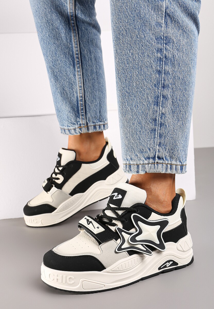 Beżowo-Czarne Sneakersy na Platformie z Grubymi Sznurowadłami i Zapięciem na Rzep Arlaia