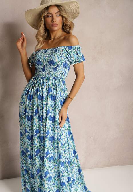 Niebieska Hiszpanka Sukienka o Rozkloszowanym Kroju i Gumkami przy Dekolcie Kaseria