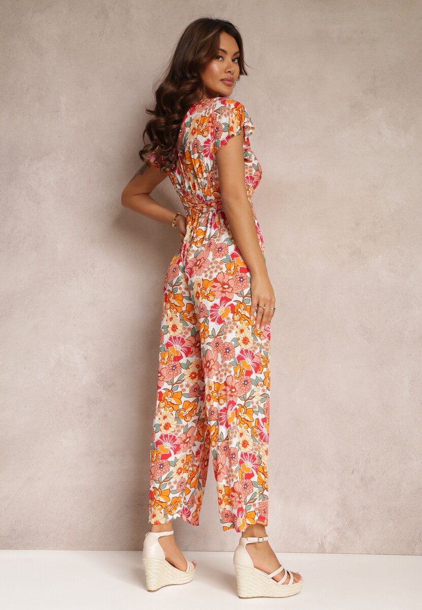 Pomarańczowo-Biały Kwiecisty Kombinezon z Wiskozy z Gumkami w Talii i Materiałowym Paskiem Kosine