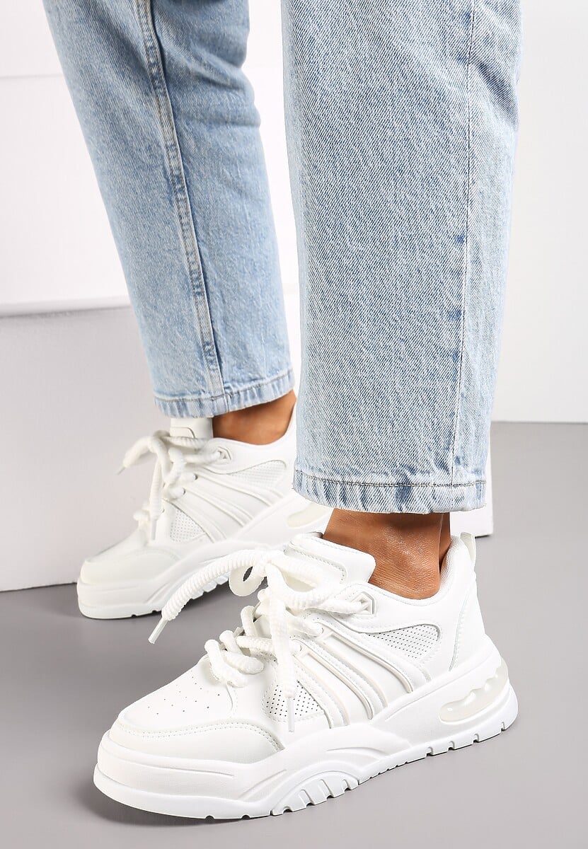 Białe Sneakersy na Grubej Podeszwie z Brokatem Lenema