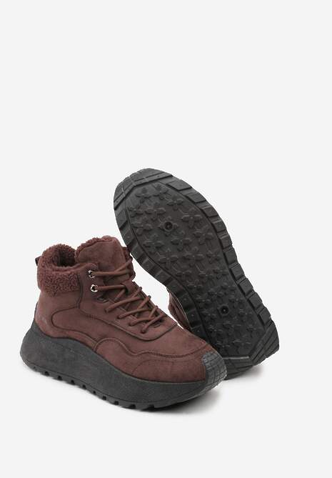 Brązowe Sneakersy Śniegowce Vices na Platformie Ozdobione Napisem i Futerkiem Lanite
