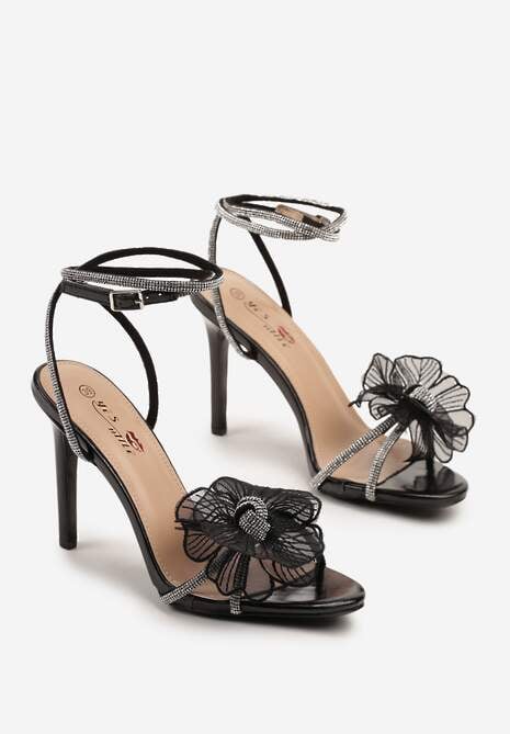 Czarne Sandały na Obcasie z Aplikacją w Kształcie Kwiatu Zdobione Cyrkoniami Frolene