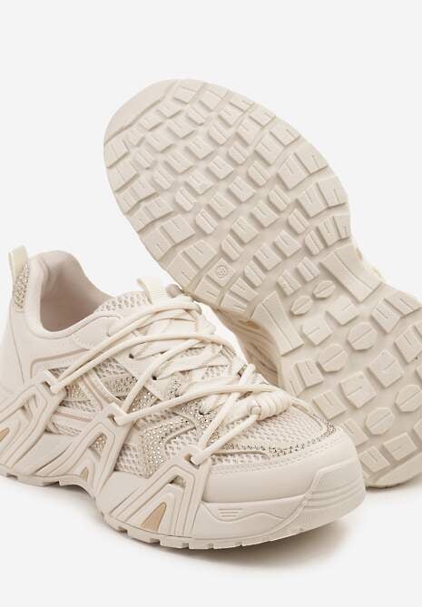 Beżowe Sneakersy na Platformie z Cyrkoniami i Geometrycznym Wzorem Lavivione