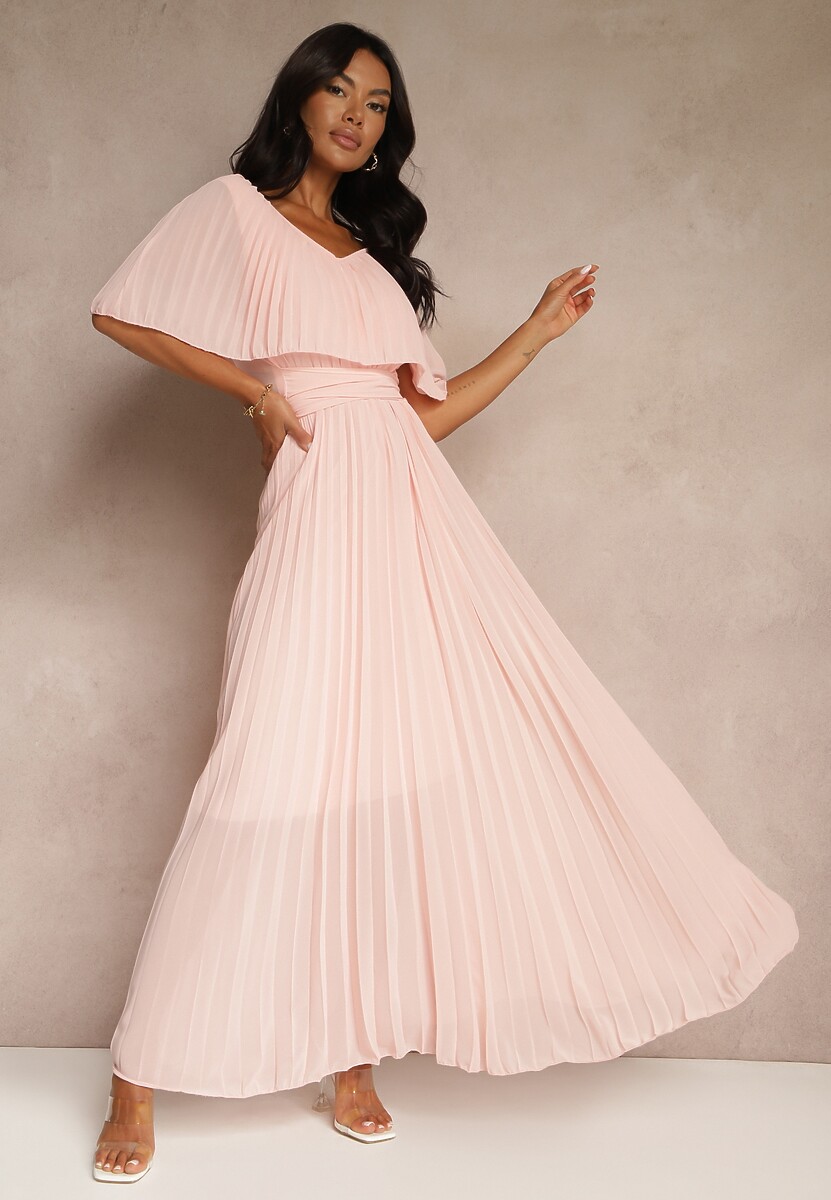 Fioletowa Plisowana Sukienka z Gumką w Pasie z Falbaną Przy Dekolcie Drenia