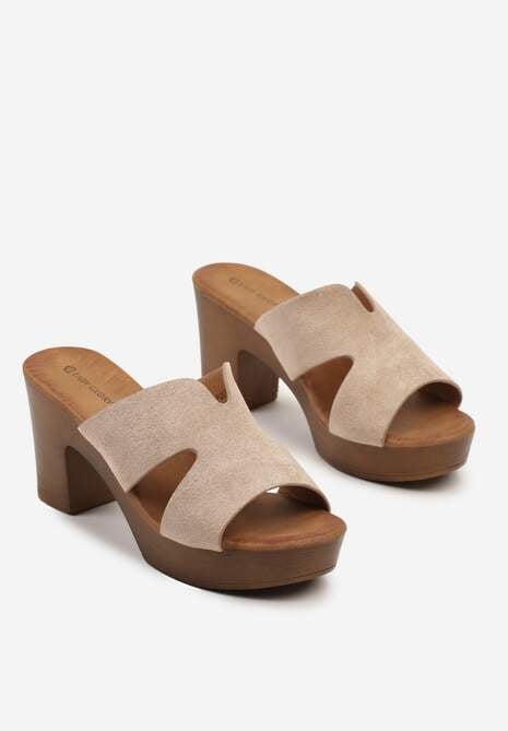 Ciemnobeżowe Klapki na Słupku i Platformie Ozdobione Wycięciami Tuvaline