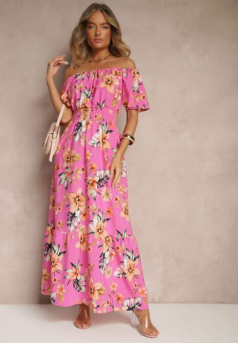 Fuksjowa Sukienka Hiszpanka w Kwiaty z Gumką w Pasie Deviela