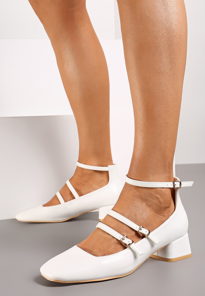 Białe Czółenka Wykończone Paseczkami i Kwadratowym Noskiem Fenena