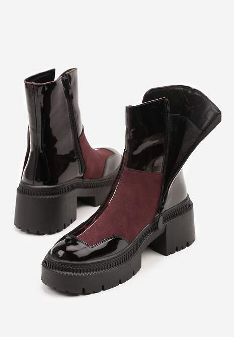 Czarno-Bordowe Botki Lakierowane Vices Ozdobione Tasiemką Rotine