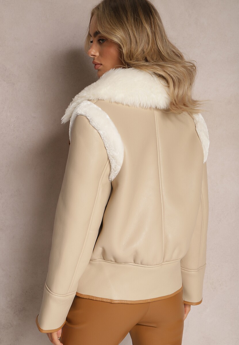 Beżowa Kurtka Biker z Ozdobną Lamówką Paskiem z Klamrą i Futerkiem Liraeua