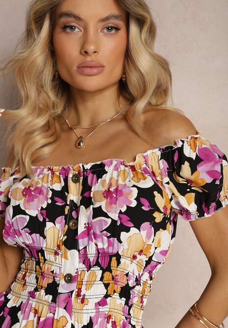 Czarno-Różowa Taliowana Sukienka z Bawełny Wykończona Gumką w Talii i Guzikami Nelianne