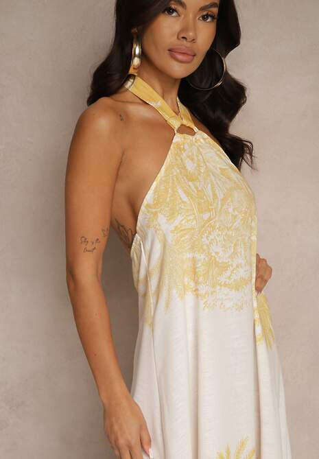 Żółta Sukienka z Wiskozą Ozdobiona Wiązaniem i Wzorem Palm Folenella