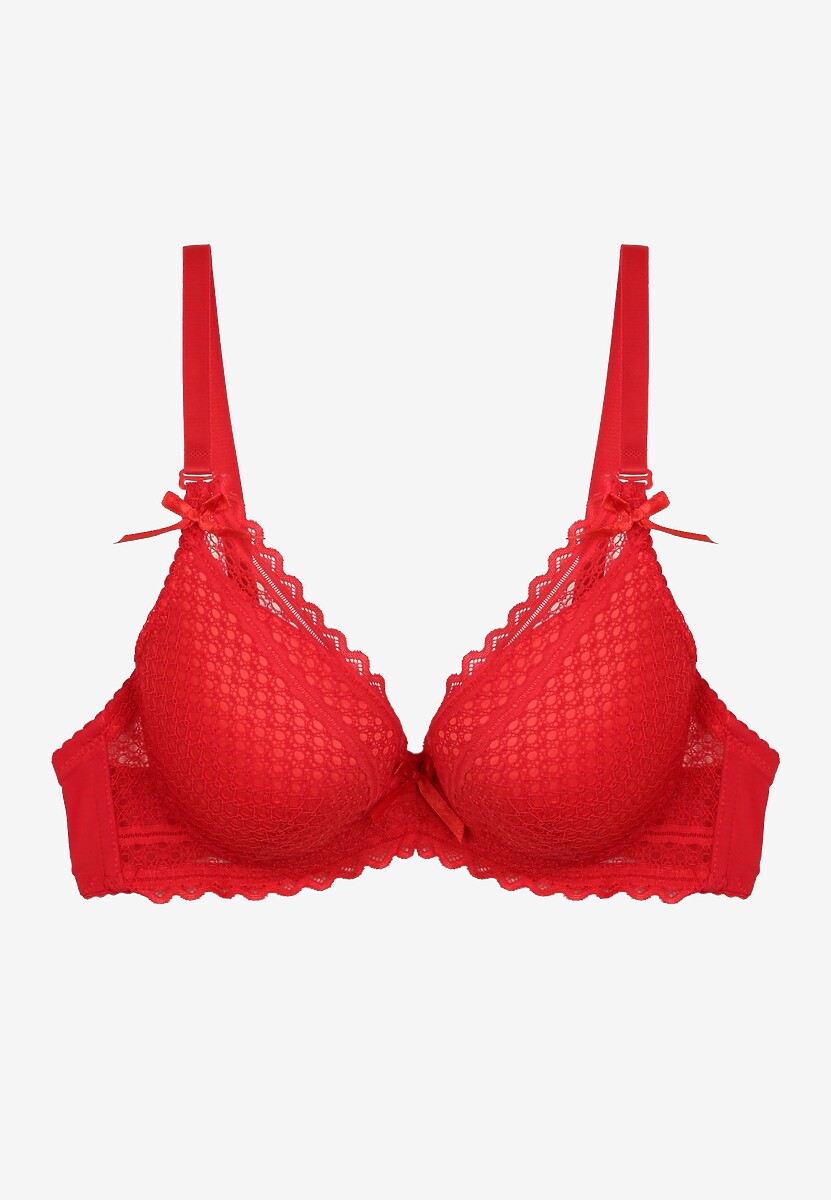 Czerwony Biustonosz z Małymi Kokardkami i Koronką Timasel