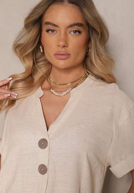 Jasnobeżowa Sukienka z Bawełny o Pudełkowym Kroju z Dużymi Guzikami Elanorella