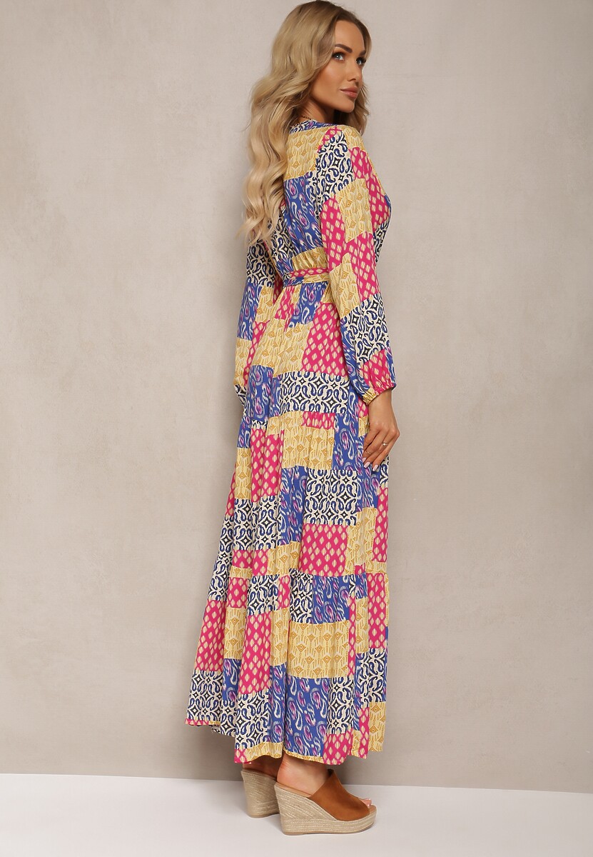 Niebiesko-Żółta Sukienka z Wiskozy z Gumką w Pasie i Materiałowym Paskiem z Trójkątnym Dekoltem Nelarae