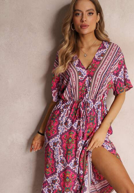 Fuksjowa Wiskozowa Sukienka Maxi z Gumką w Pasie i Falbanką Cophine