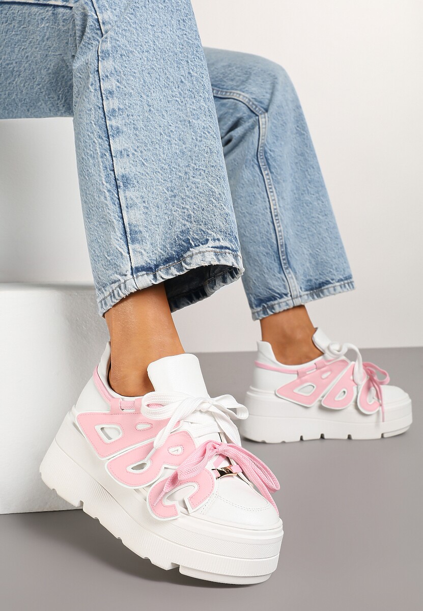Biało-Różowe Sneakersy Vices na Płaskiej Podeszwie z Geometryczną Aplikacją Nelenith