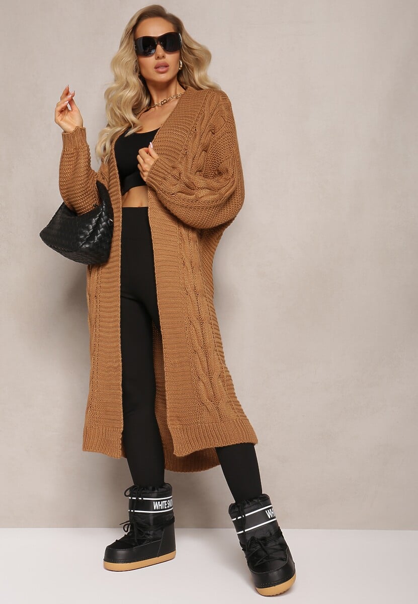Brązowy Długi Kardigan z Ozdobnym Szerokim Splotem Havsana