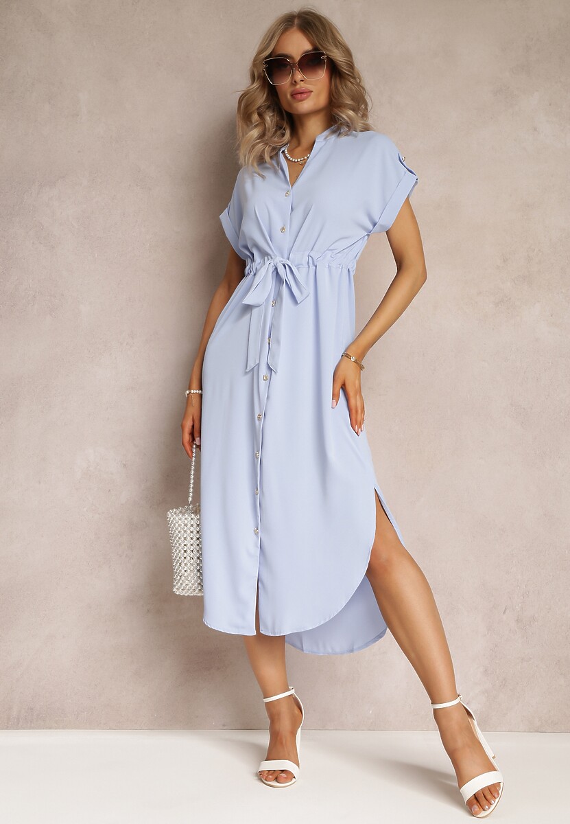 Niebieska Sukienka Koszulowa z Krótkim Rękawem Yasminine