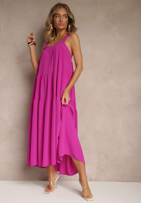 Fioletowa Rozkloszowana Sukienka Ozdobiona Wiązaniem na Plecach Saviande