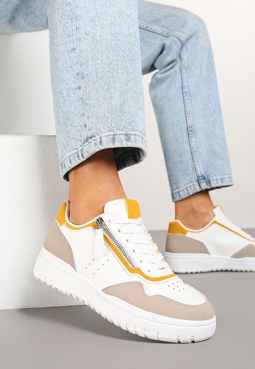 Biało-Beżowe Sneakersy przed Kostkę z Perforacją i Suwakiem na Cholewce Valinorti