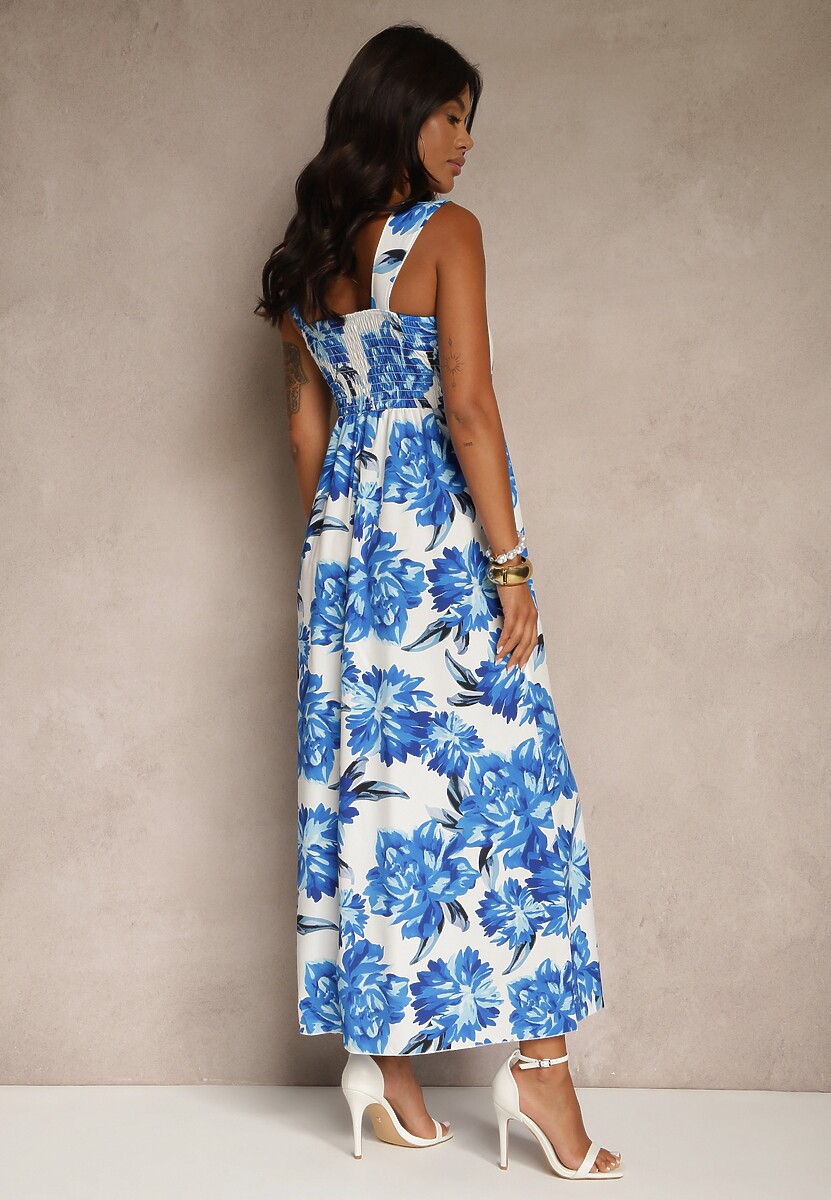 Niebieska Sukienka z Wiskozą o Rozkloszowanym Kroju z Kwiatami Nilestra