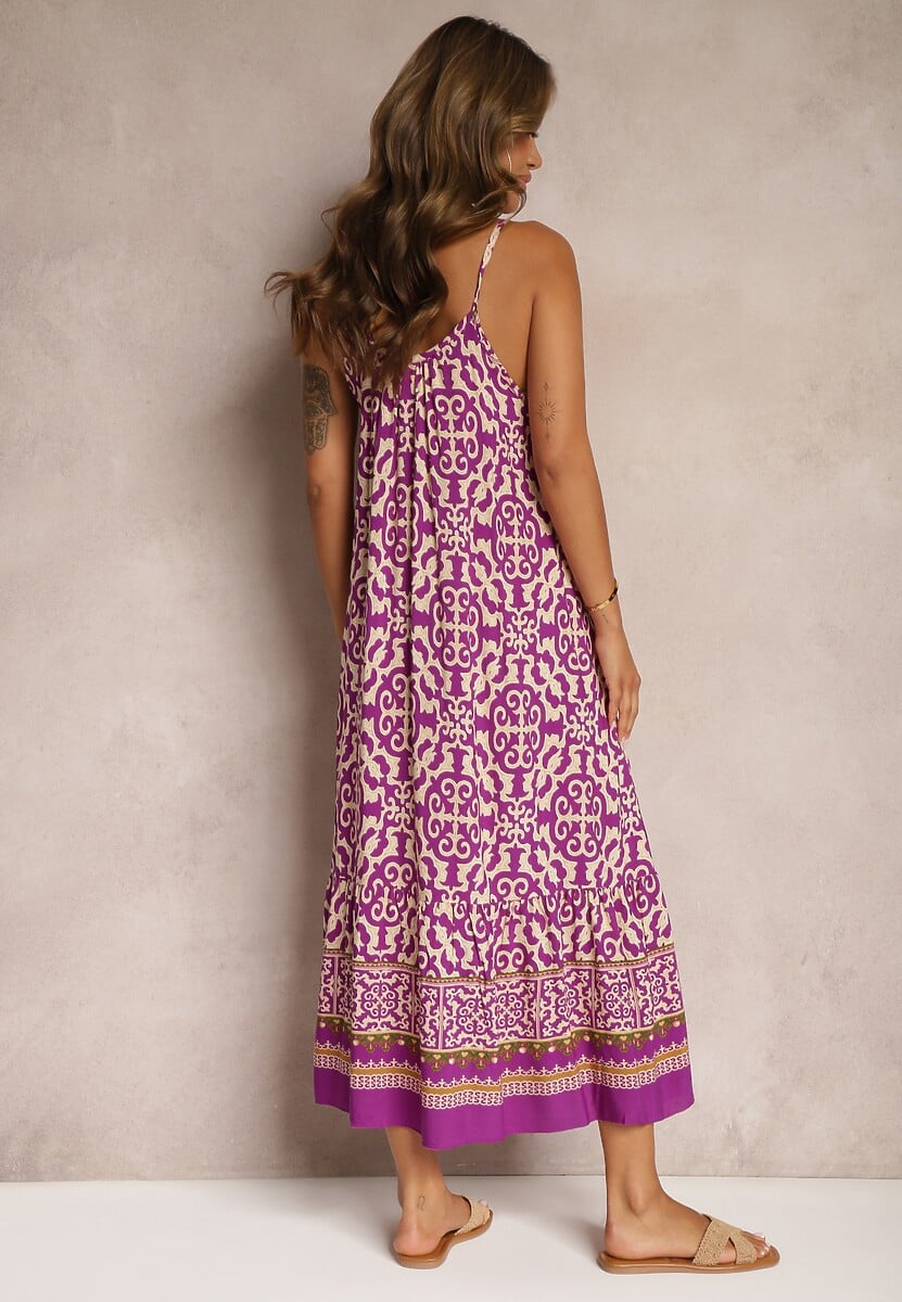 Fioletowa Rozkloszowana Sukienka z Bawełny na Cienkich Ramiączkach Nellmaira