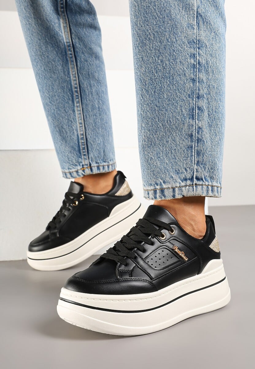 Czarne Sneakersy z Brokatem na Platformie Larinea